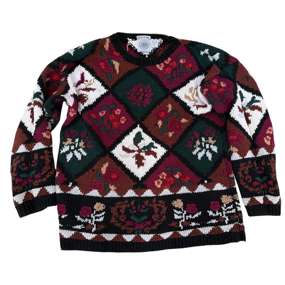 Cape Isle Knitters Sweater Womens Large Colorful Patchwork Hand Knit Artsy READ